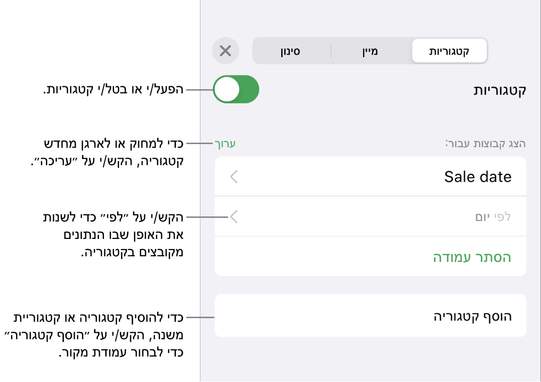 התפריט ״קטגוריות״ ב-iPhone עם אפשרויות לביטול קטגוריות, מחיקת קטגוריות, סידור מחדש של נתונים בקבוצות, הסתרת עמודת מקור והוספת קטגוריות.
