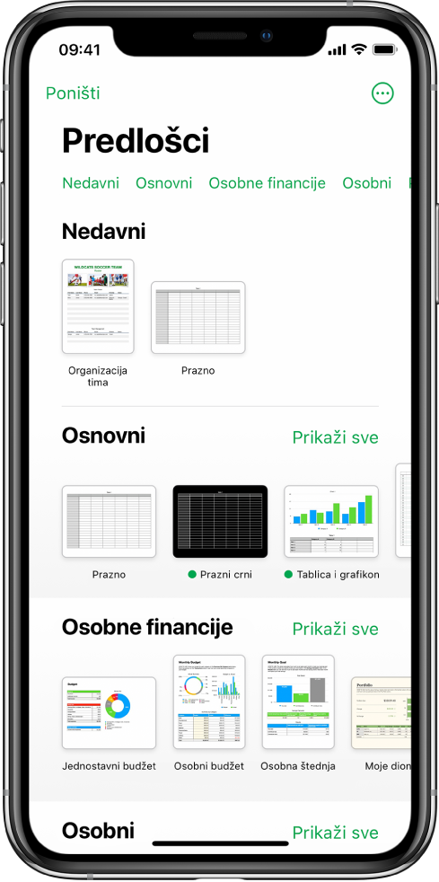 Izbornik predložaka s prikazom retka kategorija preko vrha na koje možete dodirnuti za filtriranje opcija. Ispod su minijature postojećih predložaka organizirane u recima prema kategoriji počevši s kategorijom Nedavne stavke pri vrhu, a zatim slijede kategorije Osnovno i Osobne financije. Tipka Prikaži sve pojavljuje se poviše s desne strane svakog retka kategorije. Tipka za jezik i regiju nalazi se u gornjem desnom kutu.