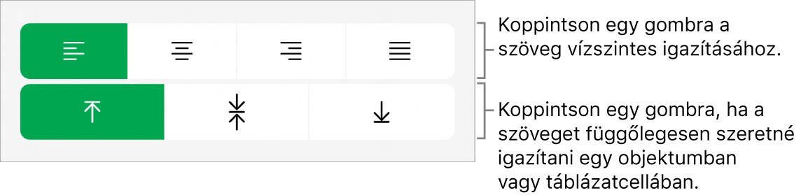A szövegek vízszintes és függőleges igazítására szolgáló gombok.