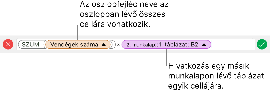 A Képletszerkesztő, amelyben a képlet egy táblázat oszlopára és egy másik táblázat cellájára hivatkozik.