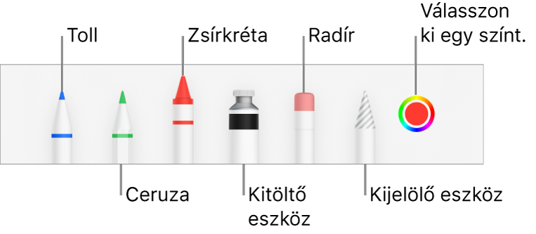 A rajz eszközsor tollal, ceruzával, zsírkrétával, kitöltőeszközzel, radírral, kijelölés eszközzel és az aktuális színt megjelenítő színrekesszel. A színrekesz alatt a Továbbiak menü gombja látható