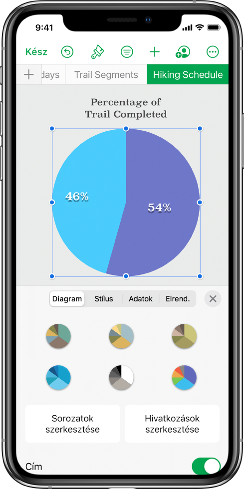 Kördiagram, amelyben a megtett túrákhoz kapcsolódó százalékértékek láthatók. A Formátum menü is meg van nyitva, ebben a különböző választható diagramstílusok, a sorozatok és diaramhivatkozások szerkesztése, illetve a diagramcím be- vagy kikapcsolása lehetőségek láthatók.