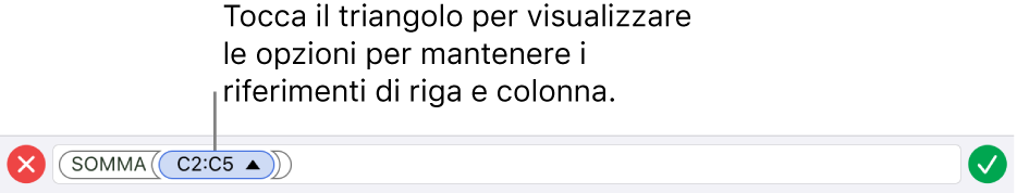 “Editor formule” che illustra come mantenere i riferimenti di riga e colonna quando la cella viene copiata o spostata.