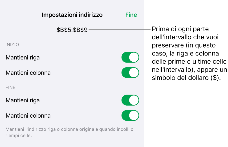 Controlli per specificare quali riferimenti di riga e colonna di una cella mantenere se la cella viene spostata o copiata. Il simbolo del dollaro compare davanti a ciascuna parte del riferimento di intervallo che desideri conservare.