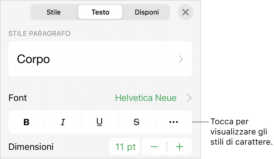 I controlli Formato con gli stili di paragrafo nella parte superiore, quindi i controlli Font. Sotto Font sono presenti i pulsanti Grassetto, Corsivo, Sottolineato, Barrato e “Altre opzioni di testo”.