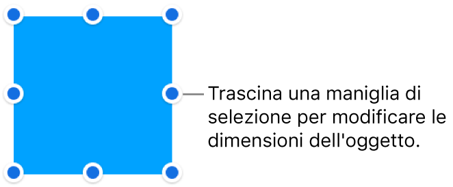 Un oggetto con punti blu sul bordo per la modifica delle dimensioni.