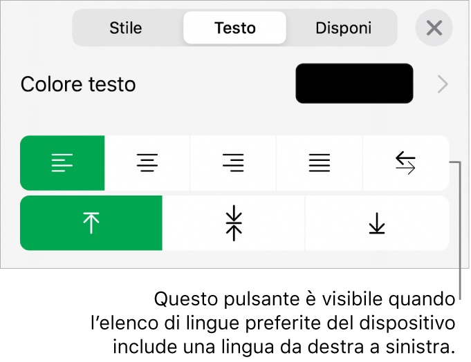 Sezione Stile del pulsante Formato con una didascalia per il pulsante “Da destra a sinistra”.