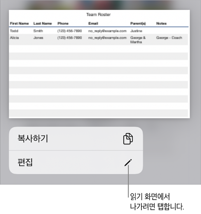 표가 선택되어 있고 그 아래에 복사하기 및 편집 버튼이 있는 메뉴가 있음.