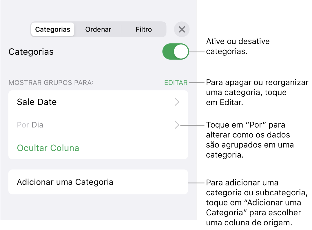 O menu Categorias para o iPhone com opções para desativar categorias, apagar categorias, reagrupar dados, ocultar uma coluna de origem e adicionar categorias.
