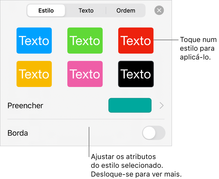 O separador Estilo do menu Formatação com estilos de forma na parte superior e um seletor de cor de preenchimento por baixo.