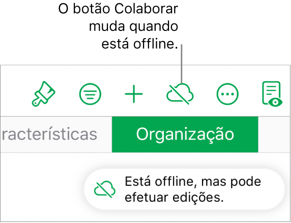 Os botões na parte superior do ecrã, com o botão Colaborar com uma nuvem com uma linha diagonal sobreposta. Um aviso no ecrã indica que “Está offline, mas pode efetuar edições.”