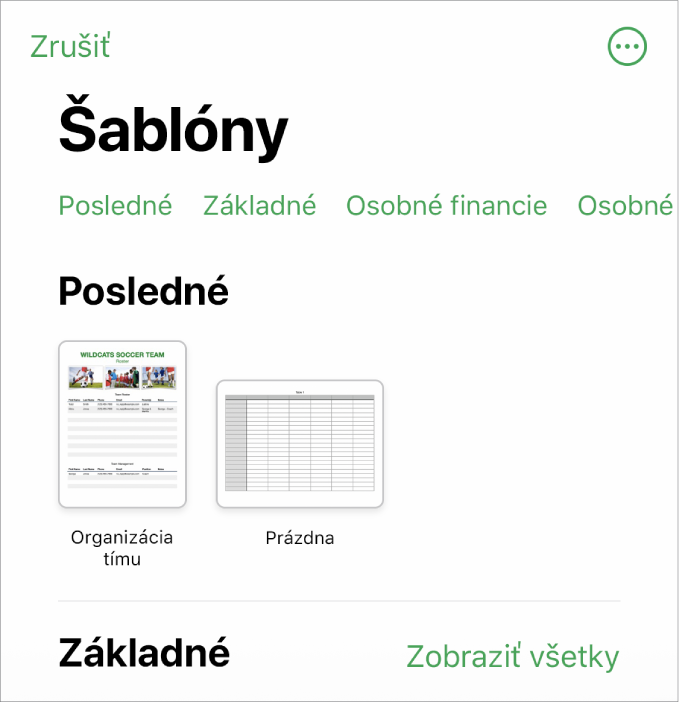 Výber šablón zobrazujúci v hornej časti riadok kategórií, na ktoré môžete klepnúť a filtrovať tak možnosti. Nižšie sú miniatúry preddefinovaných šablón zoradených podľa kategórií do riadkov. Zoznam začína v hornej časti kategóriou Posledné a nasleduje kategória Základné. V hornej časti napravo od každého riadka kategórie sa zobrazí tlačidlo Zobraziť všetky. Tlačidlo Jazyk a Región sa nachádza v pravom hornom rohu.