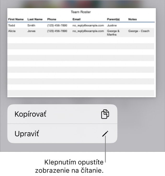 Je označená tabuľka a pod ňou sa zobrazí menu s tlačidlami Kopírovať a Upraviť.