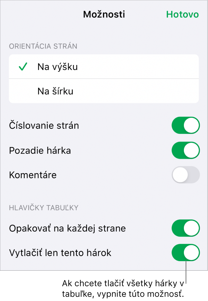 Možnosti tlače na výber orientácie strany, zobrazenie čísel strán a hlavičiek a na výber veľkosti papiera a strán na tlač.