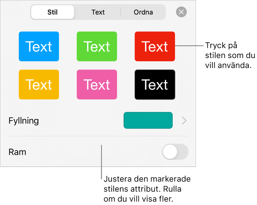 Fliken Stil för formatknappen med sex formstilar och fyllningsreglagen nedanför.