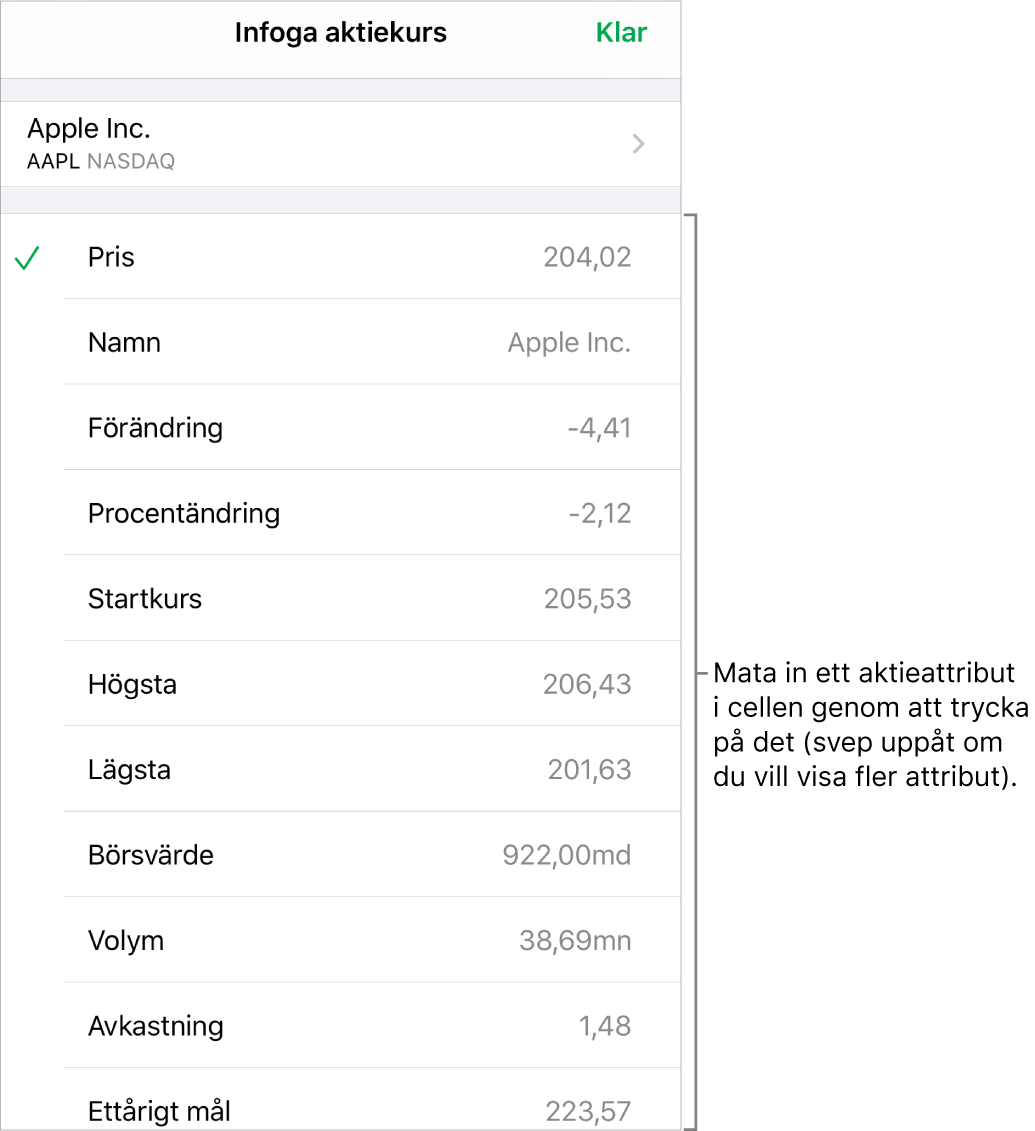 Popovern för aktiekurs med aktienamnet högst upp och valbara aktieattribut, bland annat pris, namn, ändring, procentändring och startkurs, i en lista nedanför.