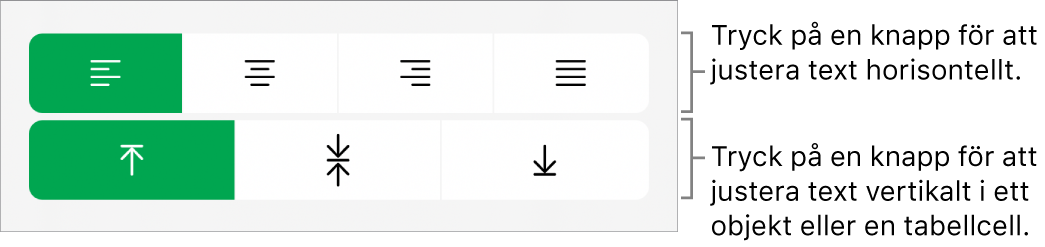 Knapparna för horisontell eller vertikal justering av text.