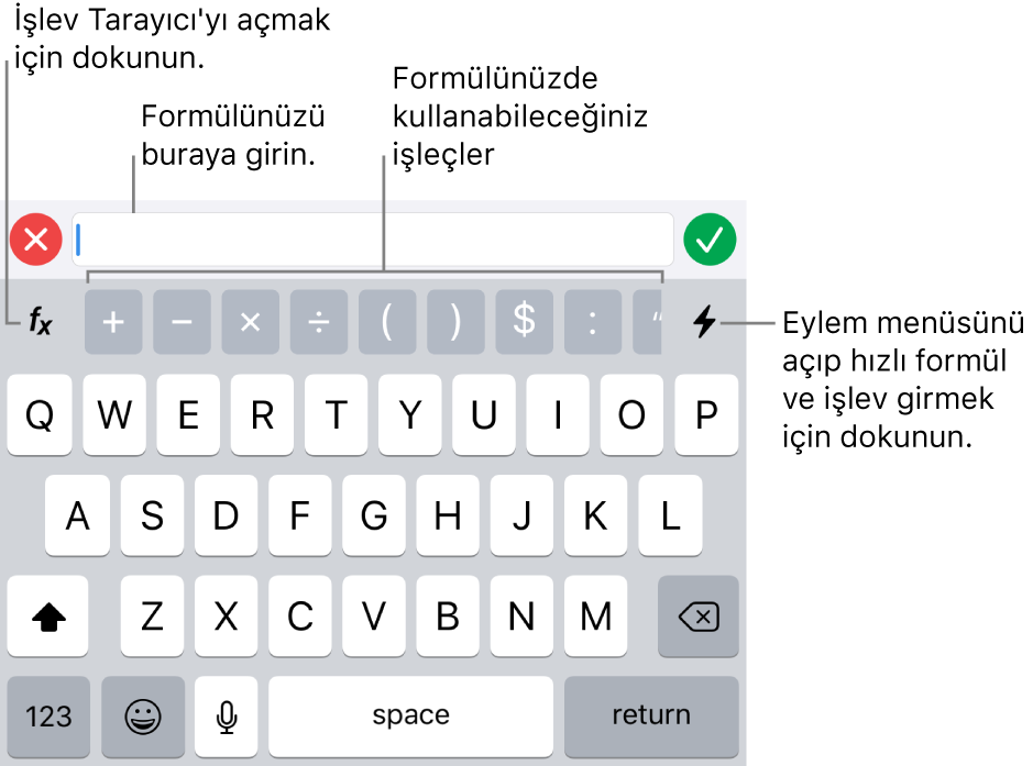 En üstte formül düzenleyici ile birlikte formül klavyesi ve onun altında formüllerde kullanılan işleçler. İşlev Tarayıcı’yı açmak için kullanılan İşlevler düğmesi işleçlerin solunda, Eylem menüsü düğmesi ise sağda.