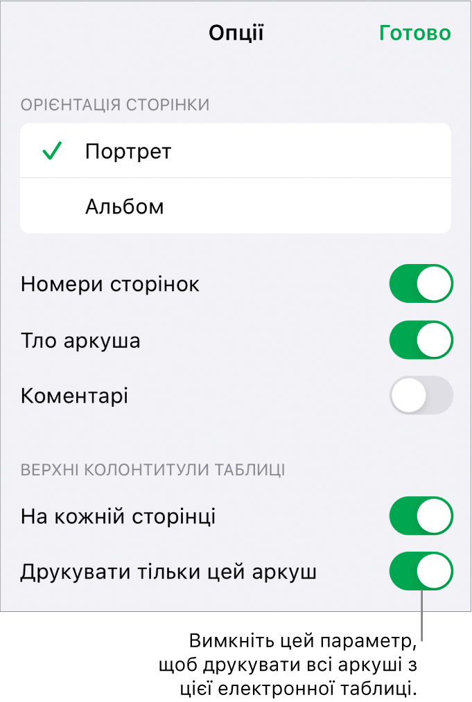 Опції друку, що дають змогу вибрати орієнтацію сторінки, відображення номерів та колонтитулів, розмір паперу й сторінки, які потрібно надрукувати.