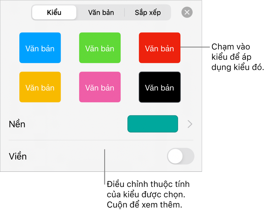 Tab Kiểu của nút Định dạng với sáu kiểu hình dạng và các điều khiển Nền bên dưới.