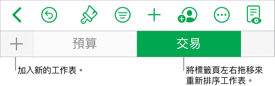 加入新工作表的標籤頁列，導覽、重新排列和重新整理工作表。