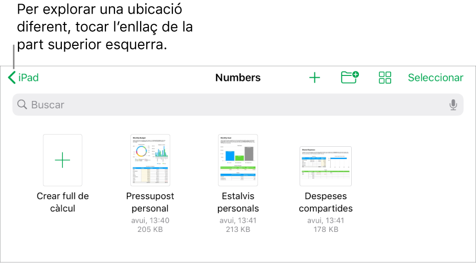 Vista d’exploració del gestor de fulls de càlcul amb un enllaç d’ubicació a la cantonada superior esquerra i un camp de cerca a sota. A l’angle superior dret, hi ha el botó “Afegir un full de càlcul”; el botó “Carpeta nova”; un menú desplegable per utilitzar la vista de llista o d’icones i per filtrar per nom, data, mida, tipus i etiqueta, i el botó Seleccionar. A sota hi ha miniatures de fulls de càlcul existents.