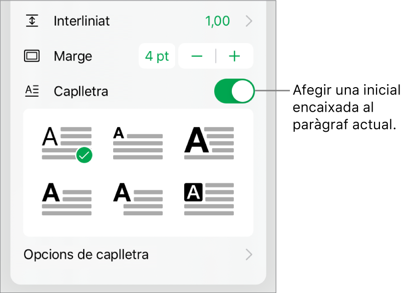 Els controls de Caplletra, ubicats a la part inferior del menú Text.