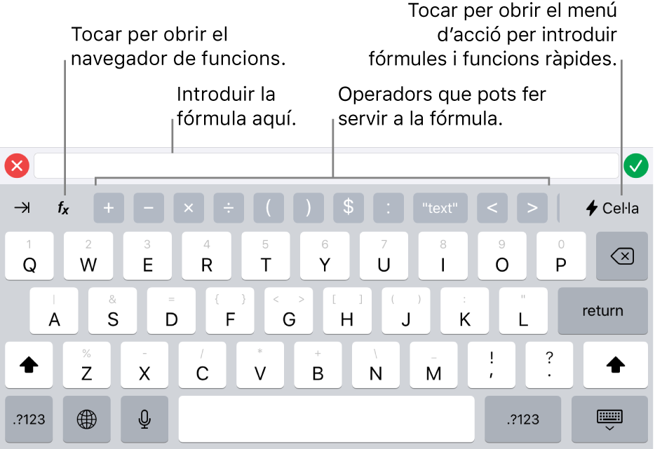 Teclat de fórmules, amb l’editor de fórmules a la part superior i els operadors que s’utilitzen en les fórmules a sota. El botó Funcions per obrir l’explorador de funcions està situat a l’esquerra dels operadors i el botó “Menú d’accions” està situat a la dreta.