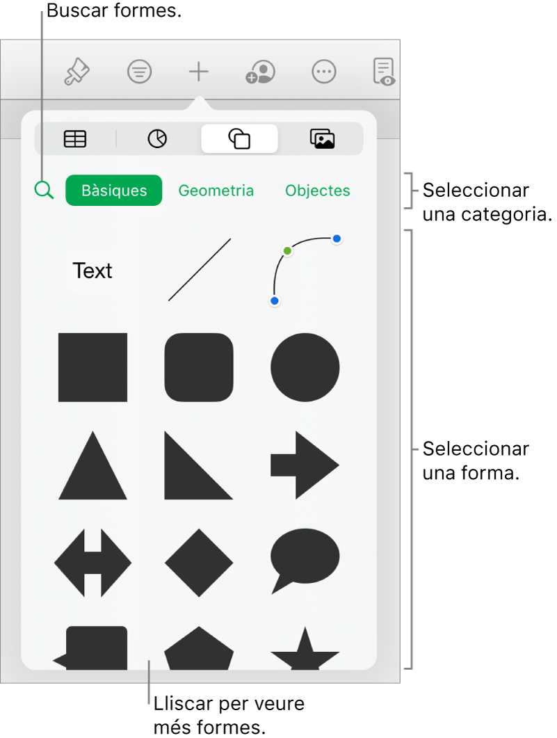 La biblioteca de formes, amb categories a la part superior i les formes a sota. Pots utilitzar el camp de cerca situat a la part superior per trobar formes i passar el dit per veure’n més.