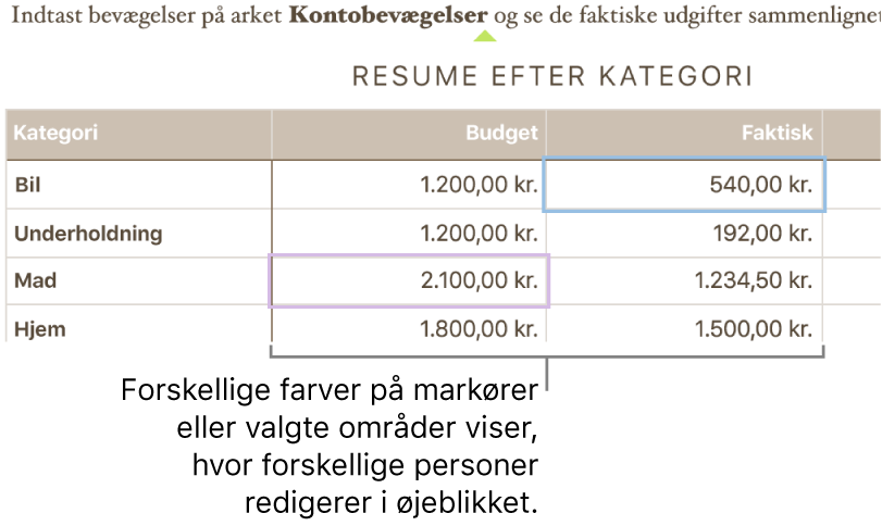 Markører og valgte områder vises i forskellige farver, så du kan se, hvor andre redigerer.