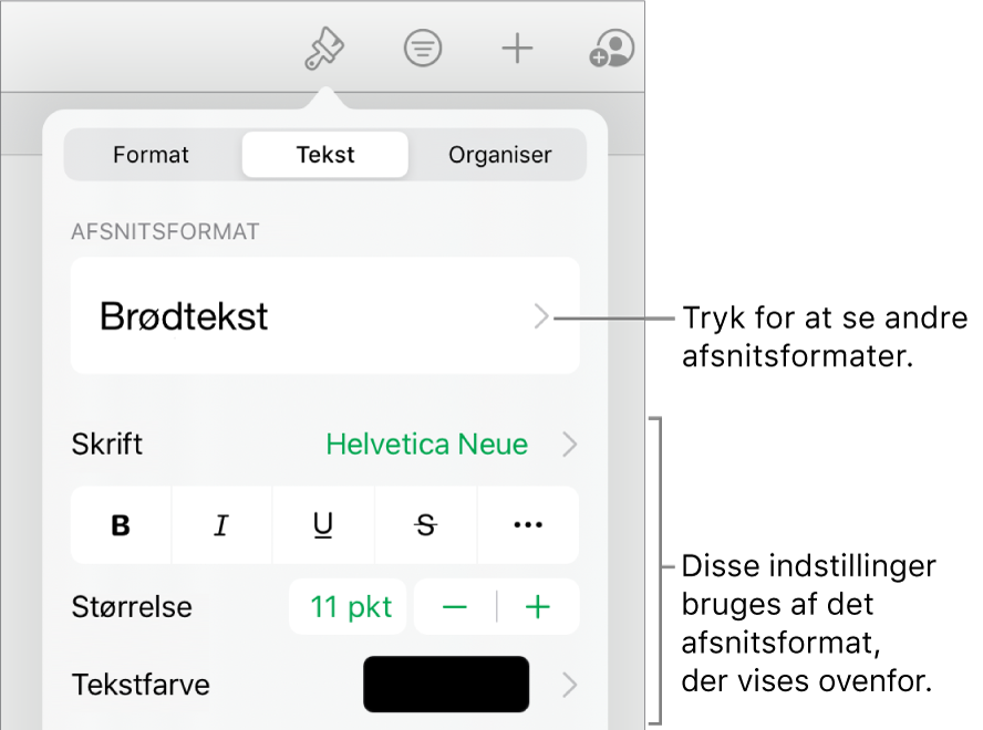 Menuen Format, der viser betjeningsmuligheder til tekst til indstilling af afsnits- og tegnformater, skrift, størrelse og farve.