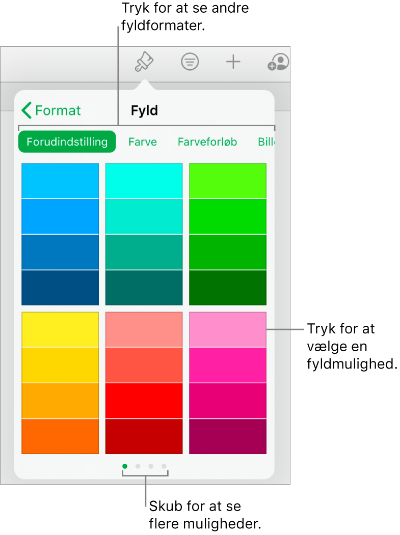 Fyldmuligheder på fanen Format til knappen Format.