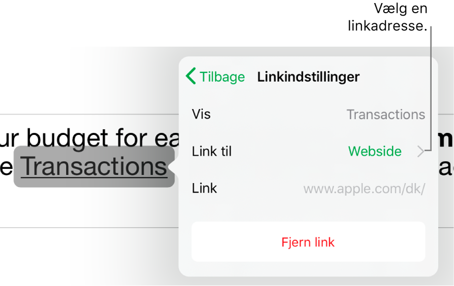 Betjeningsmulighederne til Linkindstillinger med felterne Vis, Link til (Webside er valgt) og Link. Knappen Fjern link vises nederst.