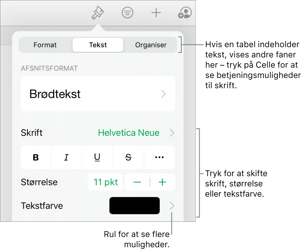 Betjeningsmuligheder til tekst på Formatmenuen til indstilling af afsnits- og tegnformater, skrift, skriftstørrelse og farve.