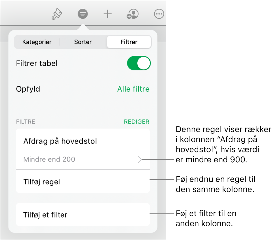 Betjeningsmuligheder til tilføjelse af nye filtreringsregler eller redigering af eksisterende.