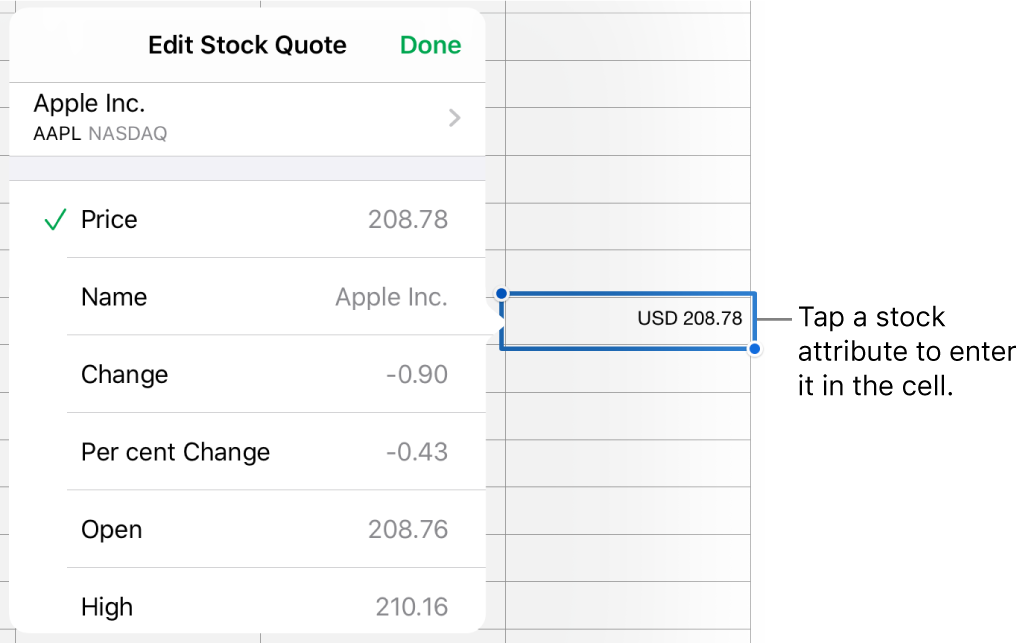 The stock quote popover, with the stock name at the top and selectable stock attributes including price, name, change, per cent change, open and high listed below.