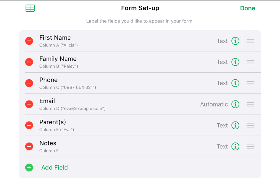 Form set-up mode, showing options to add, edit, reorder and delete fields, as well as to change the format of fields (such as from Text to Percentage).