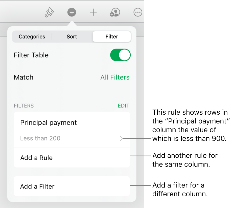Controls for adding new filtering rules or editing existing ones.