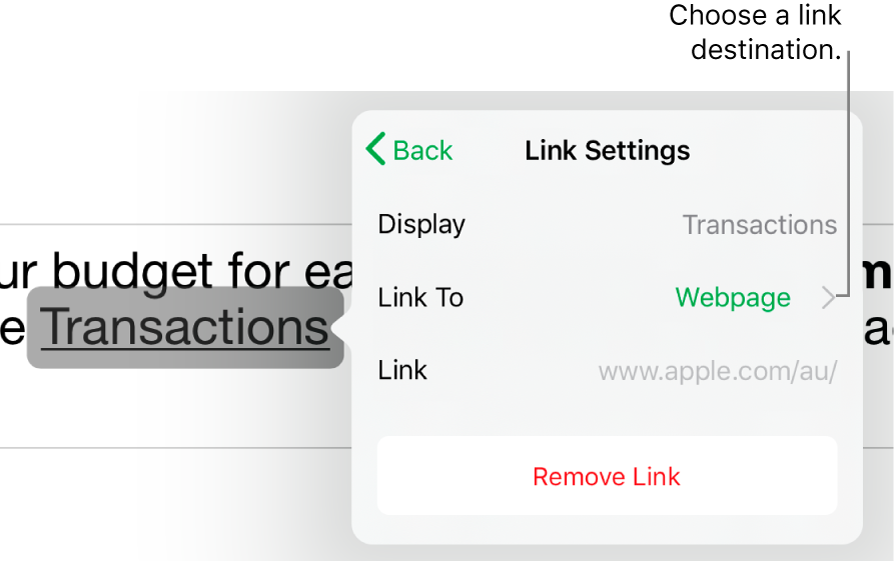 The Link Settings controls with fields for Display, Link To (Webpage is selected) and Link. The Remove Link button is at the bottom.