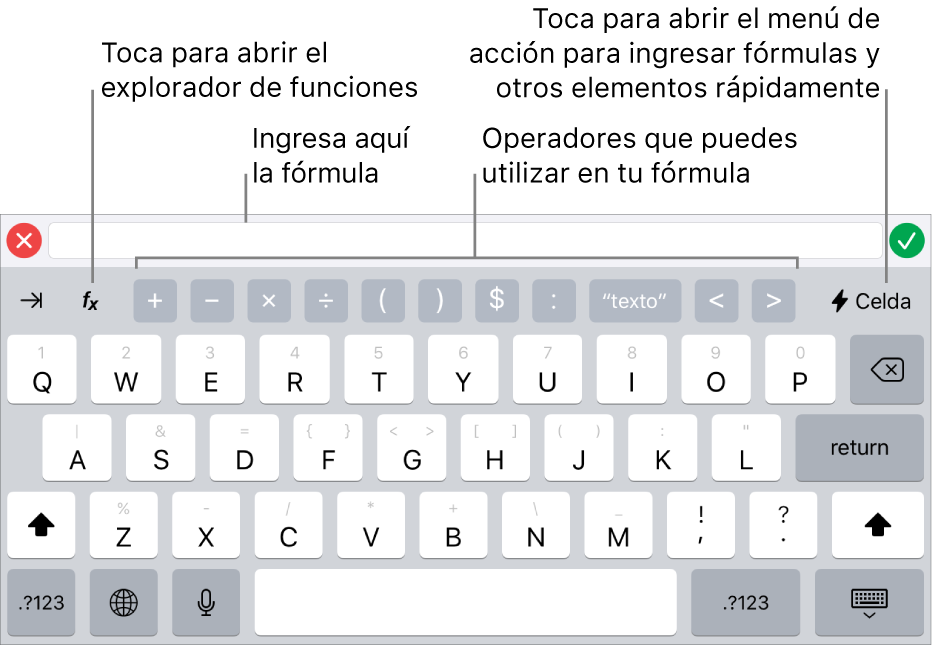 El teclado de fórmulas, con el editor de fórmulas en la parte superior y los operadores que se utilizan en las fórmulas debajo. El botón Funciones para abrir el explorador de funciones se encuentra a la izquierda de los operadores, y el botón de menú Acción se encuentra a la derecha.