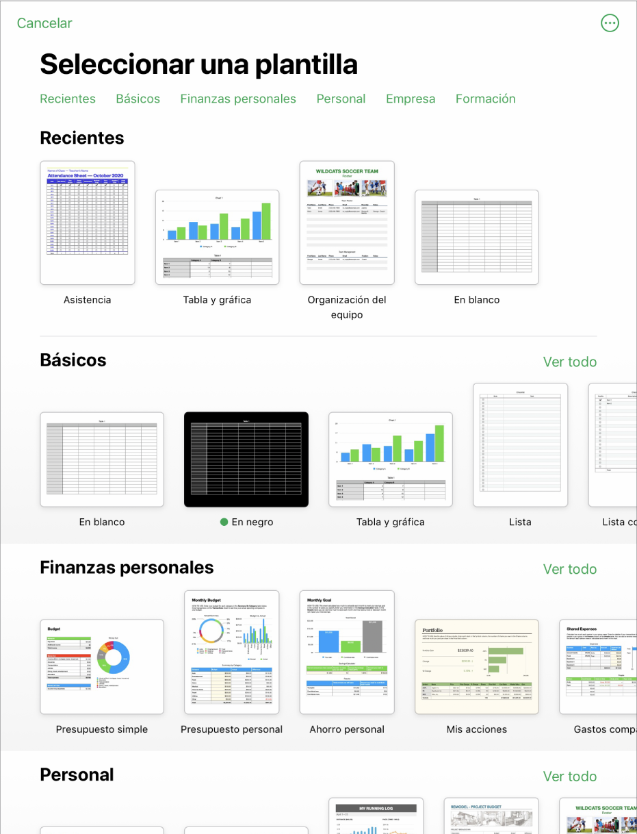 El selector de plantilla, mostrando una fila de categorías a lo largo de la parte superior en la que puedes tocar para filtrar las opciones. Debajo aparecen miniaturas de plantillas prediseñadas organizadas en filas por categorías, empezando por Recientes en la parte superior y seguida por Básicas y “Finanzas personales”. Por encima y a la derecha de cada fila de categoría aparece un botón “Ver todo”. El botón “Idioma y región” se encuentra en la esquina superior derecha.