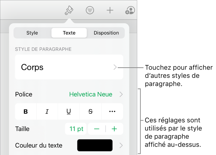 Menu Format avec commandes de texte permettant de définir les styles, la police, la taille et la couleur des paragraphes et des caractères.