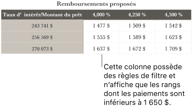 Un tableau d’emprunt après le tri en fonction des taux d’intérêt abordables.