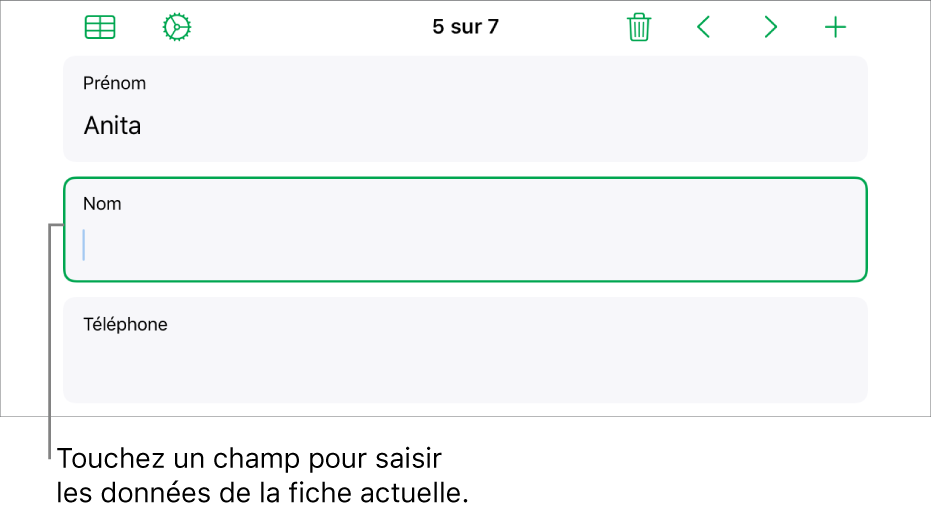 Une fiche dans un formulaire affichant un champ actif avec un point d’insertion.