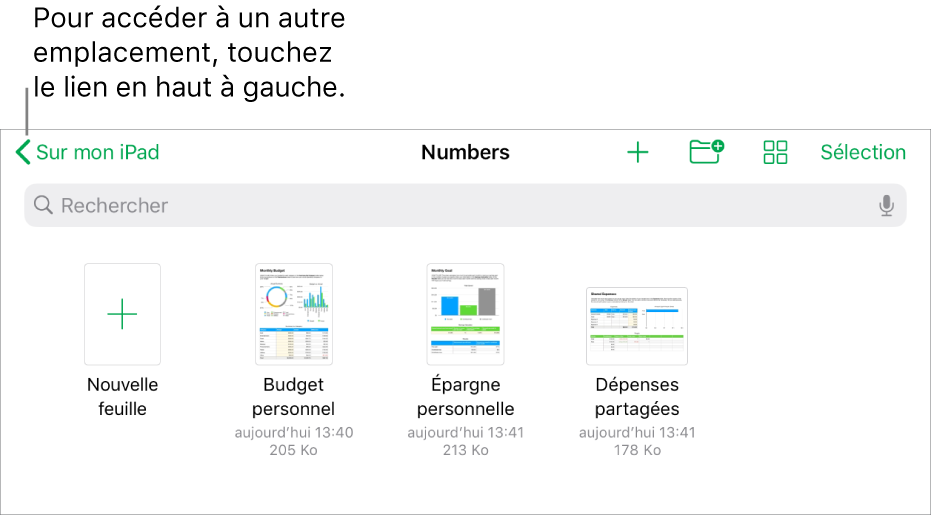 La présentation de navigation du gestionnaire de feuilles de calcul ainsi qu’un lien d’emplacement se trouvent dans le coin supérieur gauche, et un champ de recherche se trouve en dessous. Dans le coin supérieur droit se trouvent les boutons Ajouter une feuille de calcul, Nouveau dossier et Sélectionner ainsi qu’un menu contextuel pour utiliser la présentation par liste ou par icône, ou filtrer par nom, date, taille, type et étiquette. En dessous se trouvent les vignettes des feuilles de calcul existantes.