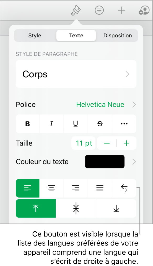 La section Texte du menu Format avec une légende pour le bouton De droite à gauche.