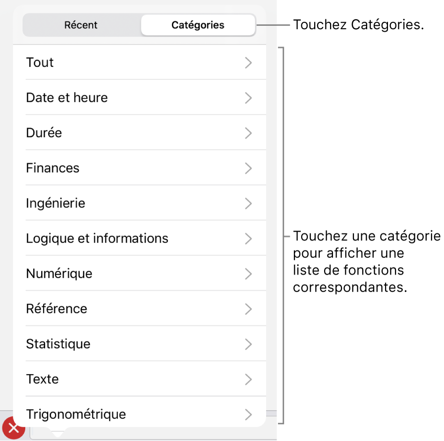 Navigateur des fonctions avec une légende pour le bouton Catégories et la liste des catégories.