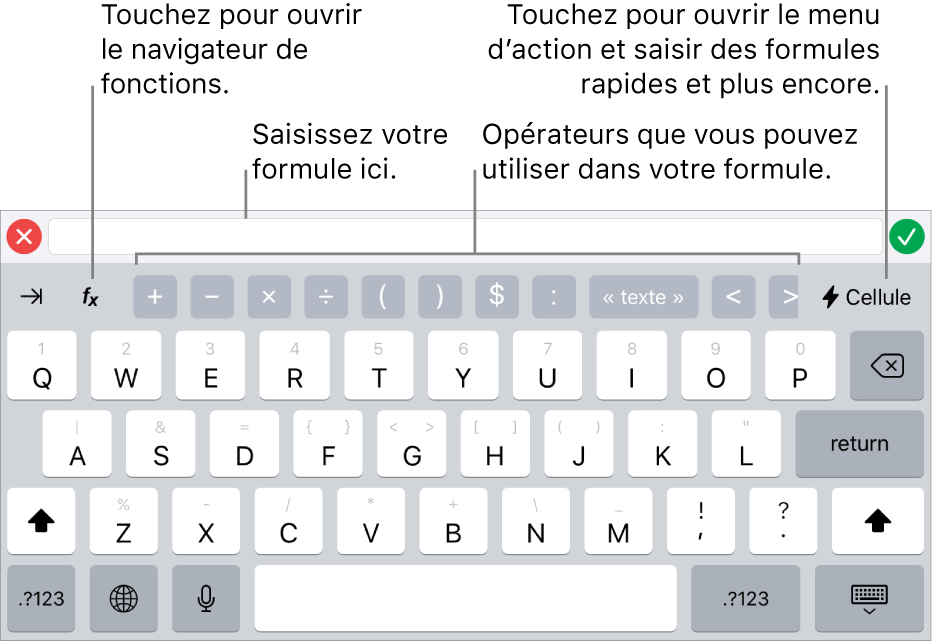 Clavier des formules, avec l’éditeur de formules en haut et les opérateurs utilisés dans les formules en dessous. Le bouton Fonctions qui permet d’ouvrir le navigateur des fonctions se trouve à gauche des opérateurs et le bouton du menu d’action, à droite.