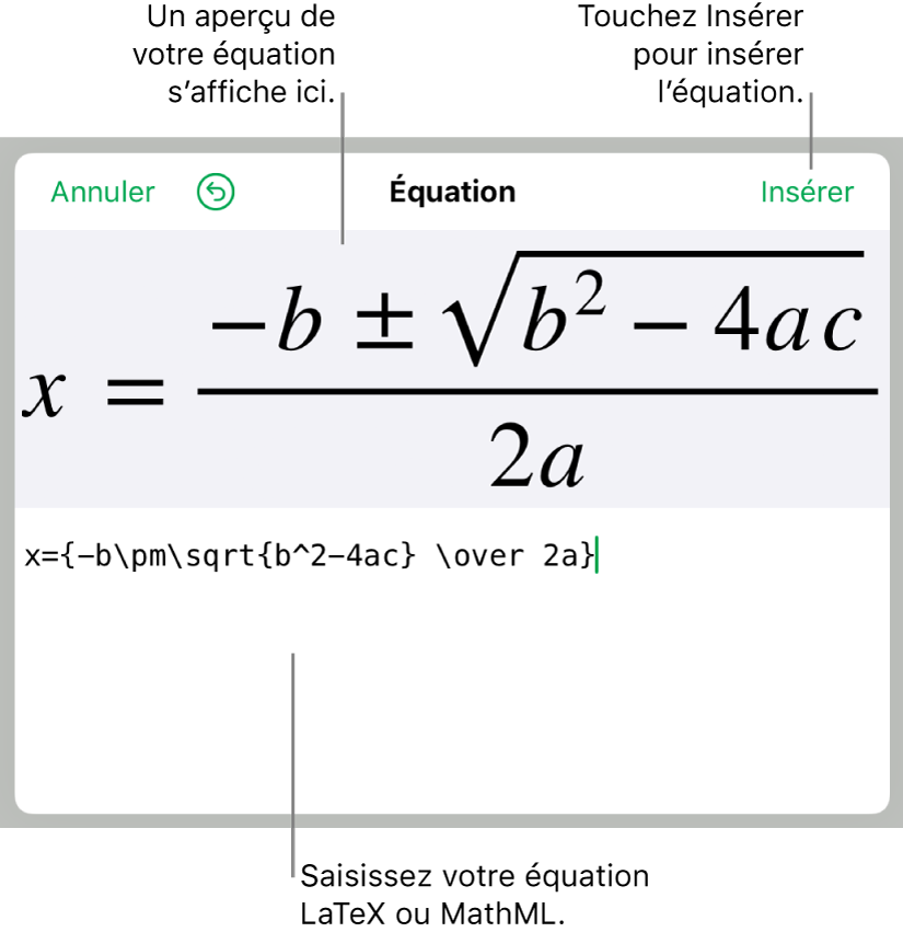 Formule quadratique composée à l’aide du langage LaTeX dans le champ Équation et aperçu de la formule en bas.