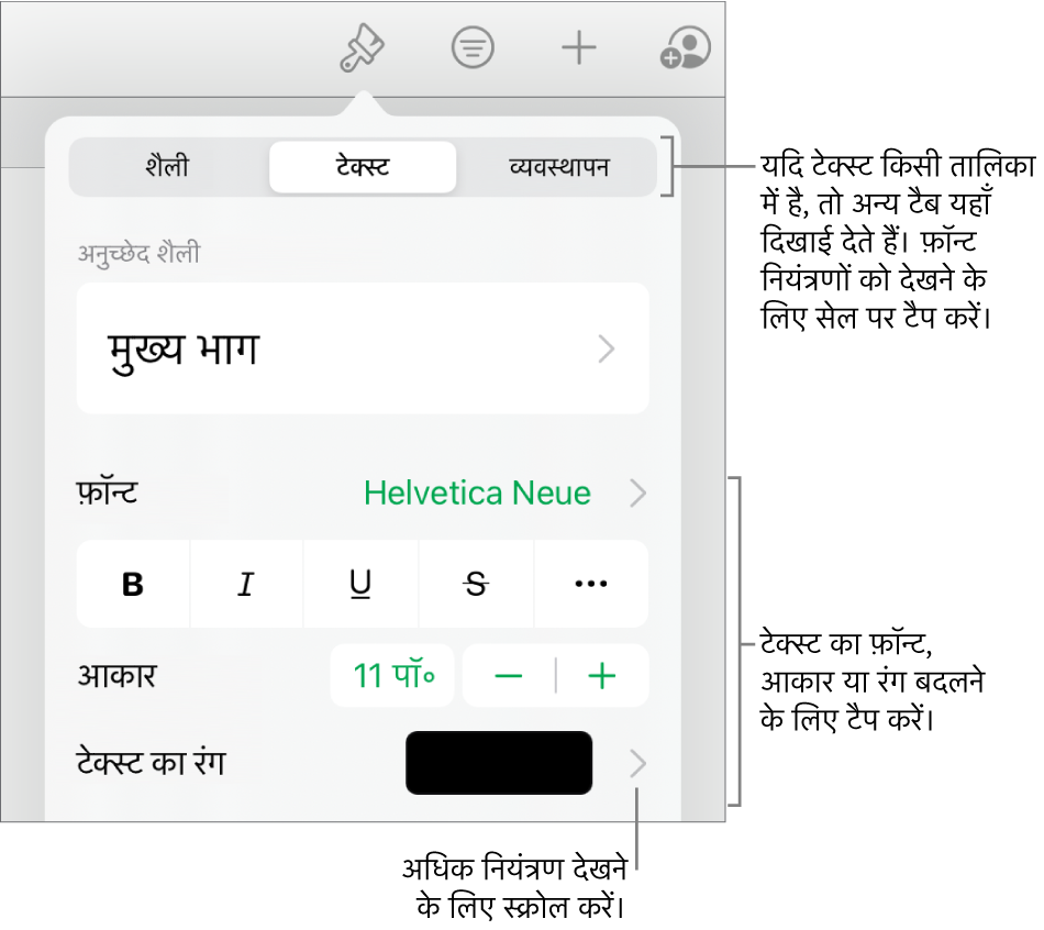 “फ़ॉर्मैट” मेनू में अनुच्छेद सेटिंग और वर्ण शैली, फ़ॉन्ट, आकार और रंग के लिए टेक्स्ट नियंत्रण।